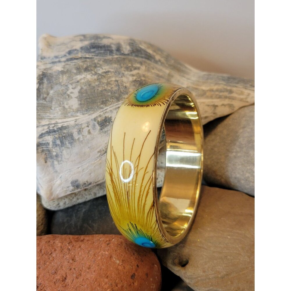Handmade Bangle Turquoise Blue & Gold Peacock Feathers Design Painted Acrylic